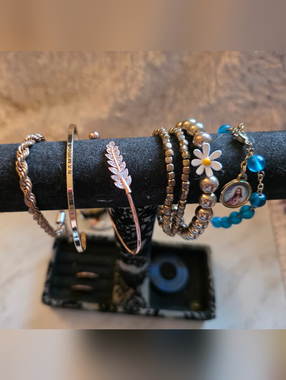 Gold and Blue Beaded Flower Bracelet Set